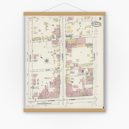 Old map wall art mockup — magnetic wood frame on white wall — Sanborn Fire Insurance Map from Charlotte, Mecklenburg County, North Carolina (1890), Sheet #0002