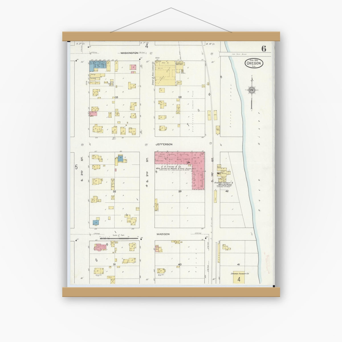 Old map wall art mockup — magnetic wood frame on white wall — Sanborn Fire Insurance Map from Oregon, Ogle County, Illinois (1913), Sheet #0006