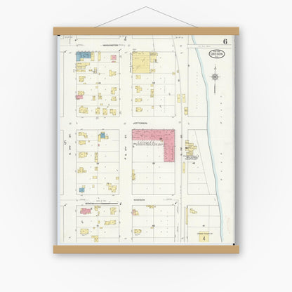 Old map wall art mockup — magnetic wood frame on white wall — Sanborn Fire Insurance Map from Oregon, Ogle County, Illinois (1913), Sheet #0006