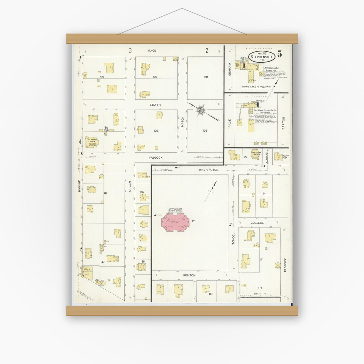 Old map wall art mockup — magnetic wood frame on white wall — Sanborn Fire Insurance Map from Stephenville, Erath County, Texas (1912), Sheet #0005