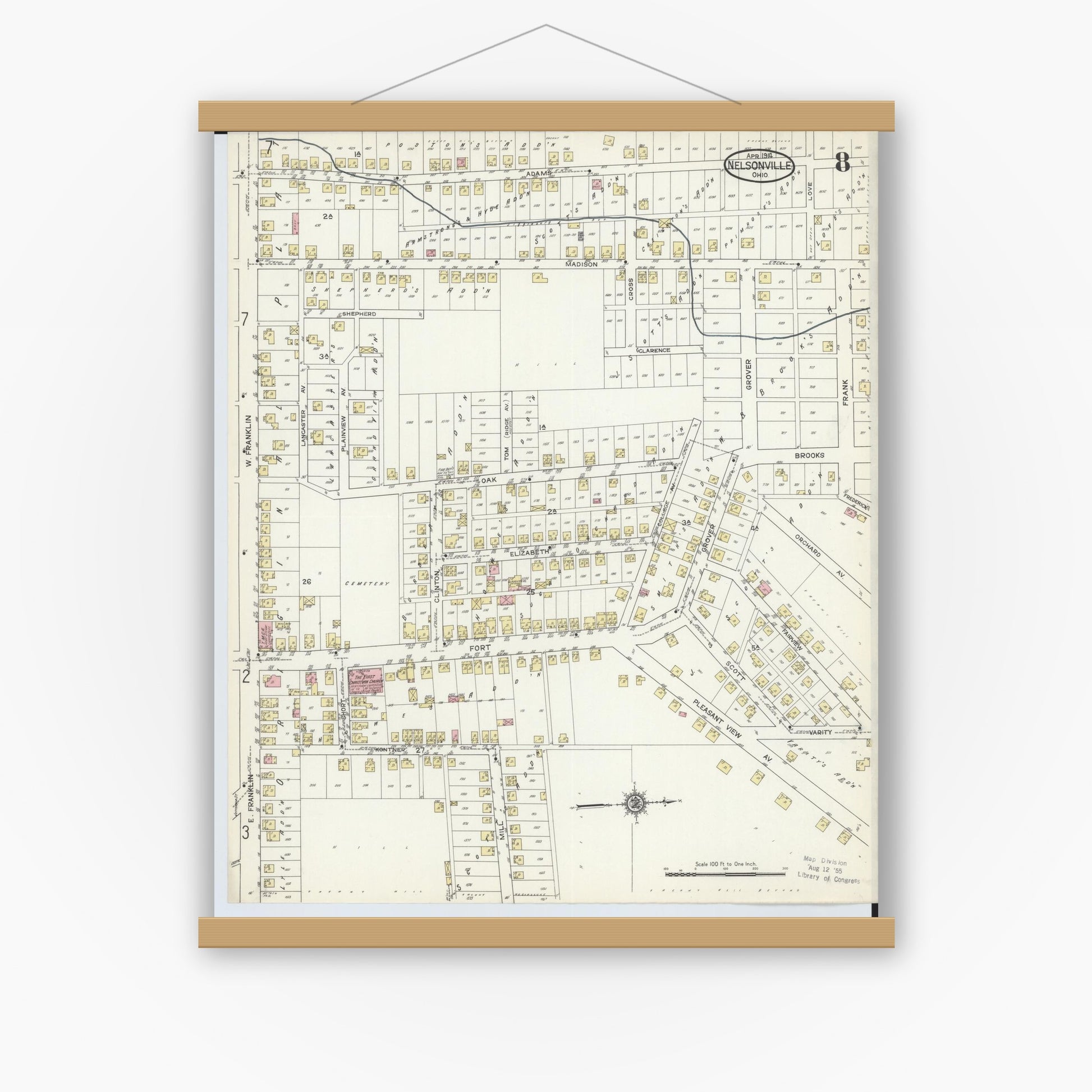 Old map wall art mockup — magnetic wood frame on white wall — Sanborn Fire Insurance Map from Nelsonville, Athens County, Ohio (1914), Sheet #0008