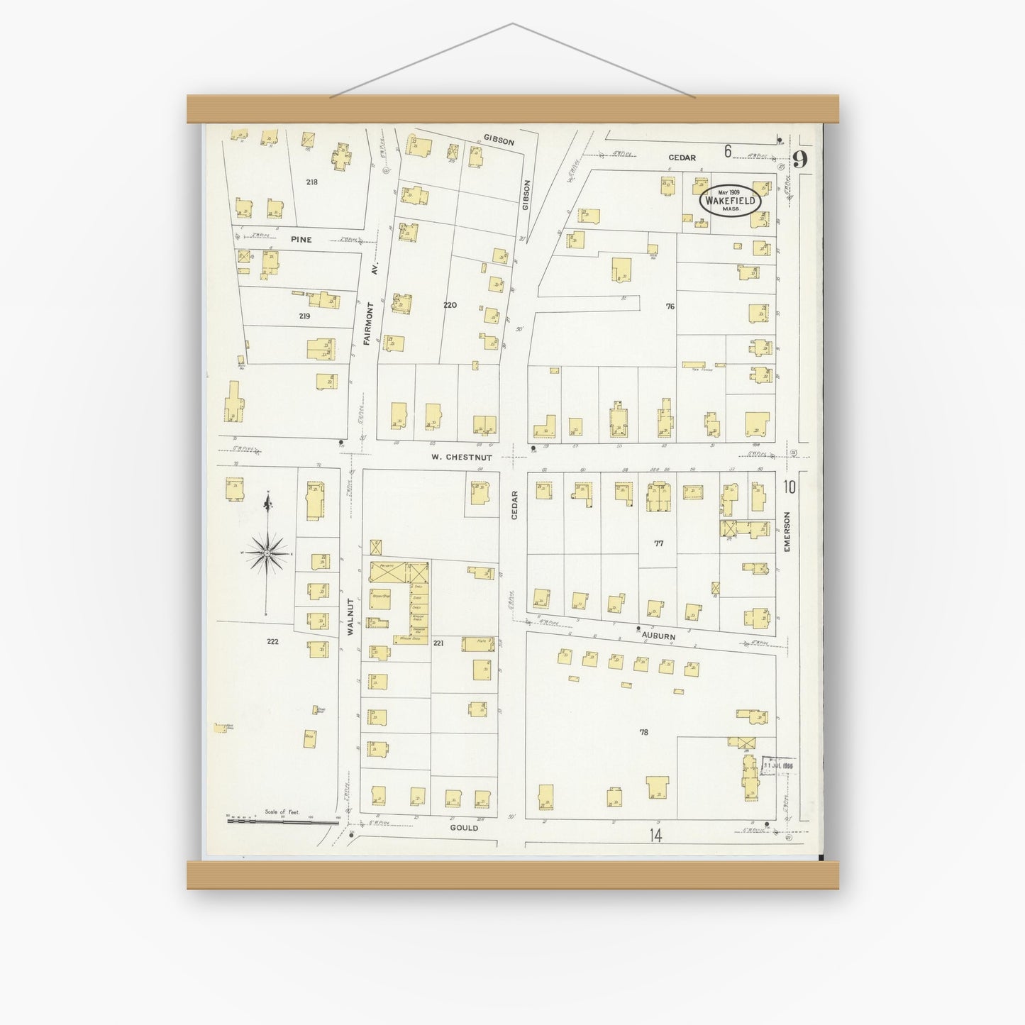Old map wall art mockup — magnetic wood frame on white wall — Sanborn Fire Insurance Map from Wakefield, Middlesex County, Massachusetts (1909), Sheet #0009