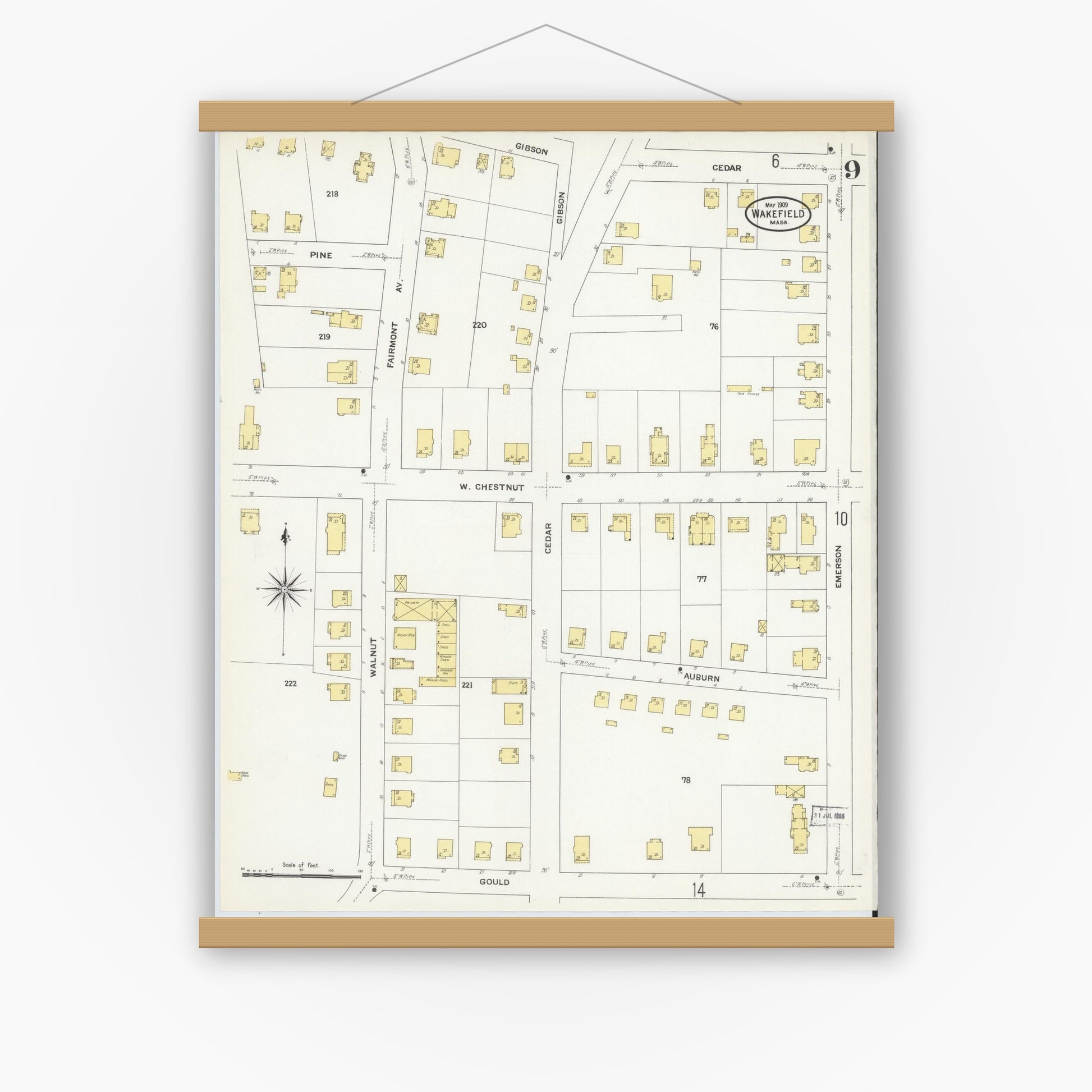 Old map wall art mockup — magnetic wood frame on white wall — Sanborn Fire Insurance Map from Wakefield, Middlesex County, Massachusetts (1909), Sheet #0009