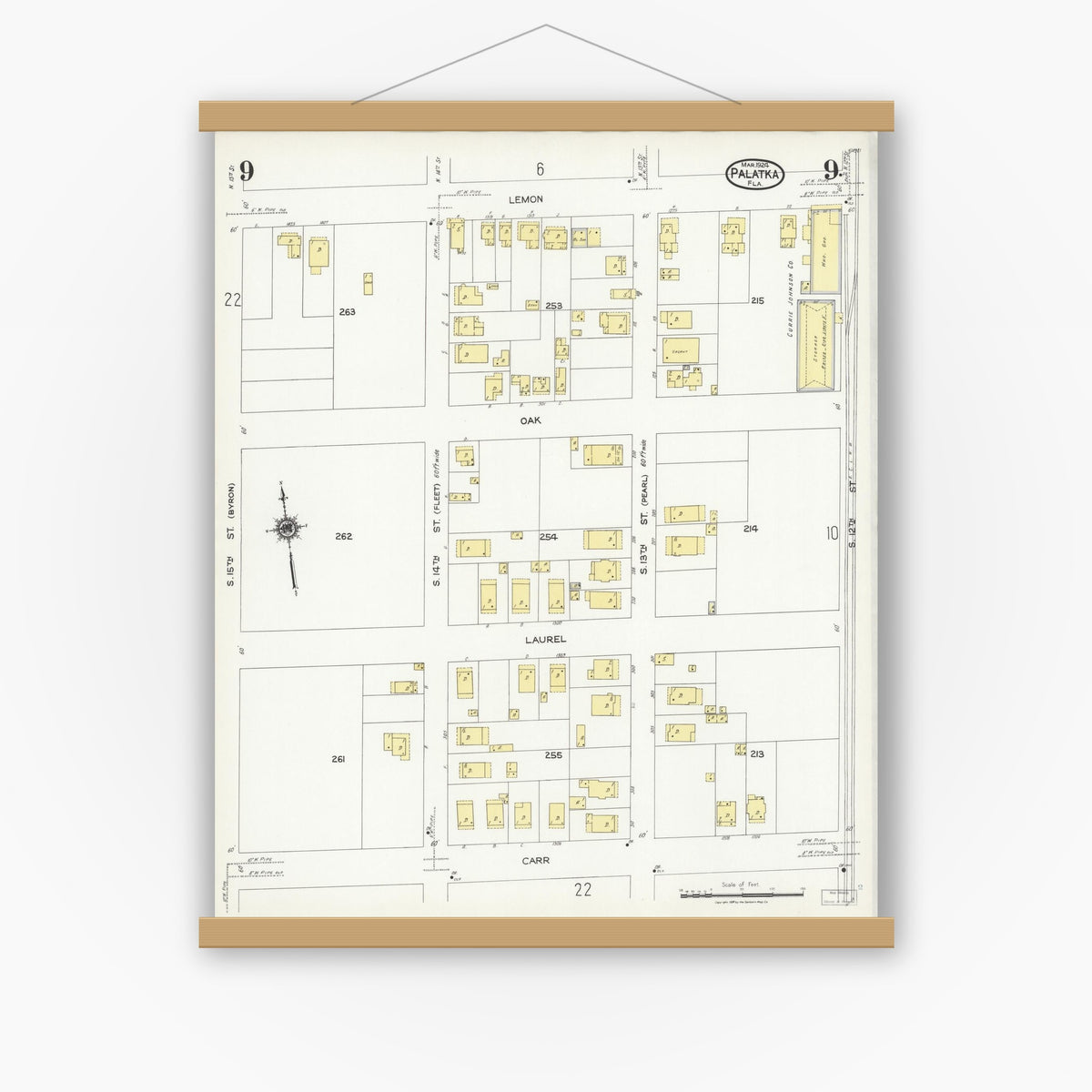 Old map wall art mockup — magnetic wood frame on white wall — Sanborn Fire Insurance Map from Palatka, Putnam County, Florida (1924), Sheet #0009