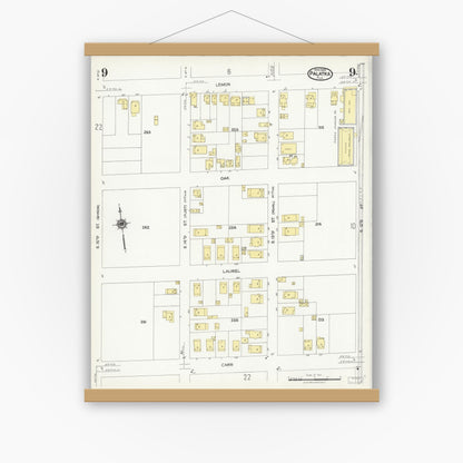 Old map wall art mockup — magnetic wood frame on white wall — Sanborn Fire Insurance Map from Palatka, Putnam County, Florida (1924), Sheet #0009
