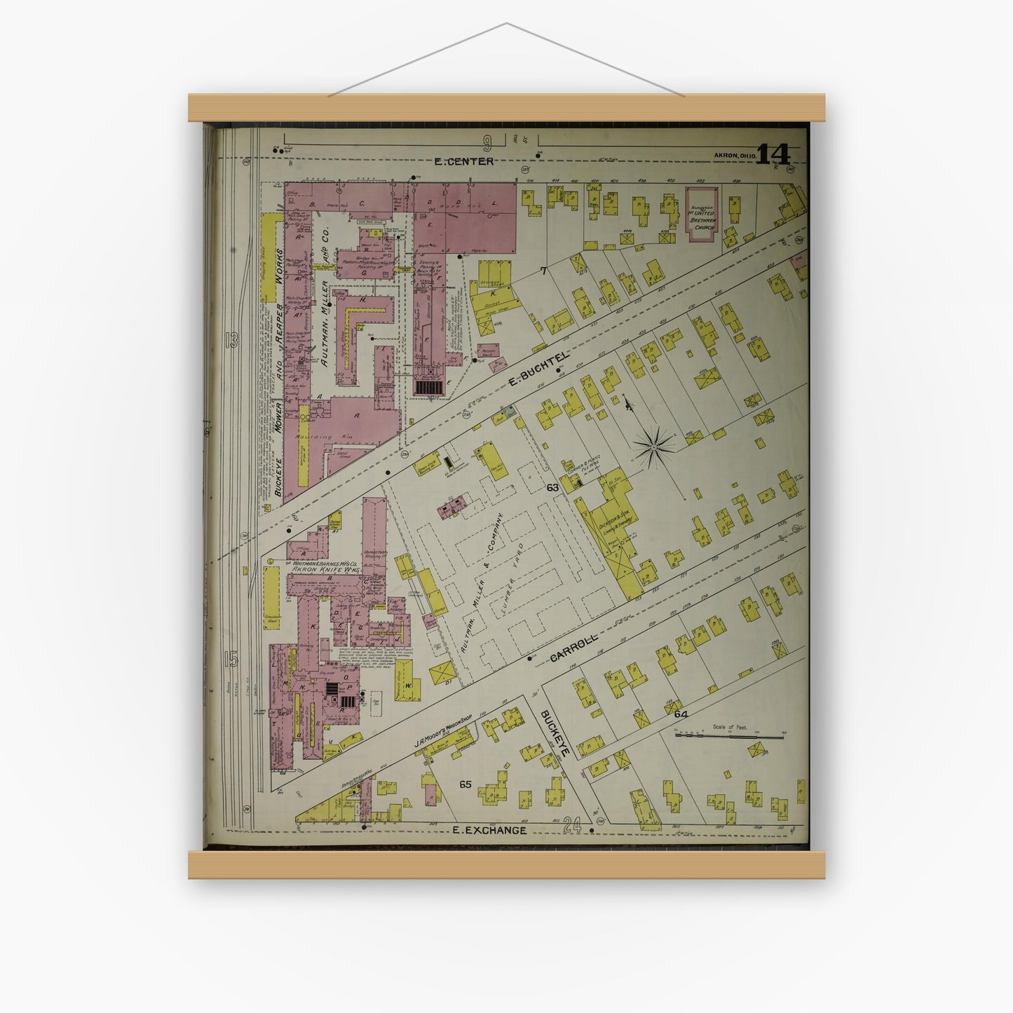 Old map wall art mockup — magnetic wood frame on white wall — Sanborn Fire Insurance Map from Akron, Summit County, Ohio (1892), Sheet #0014