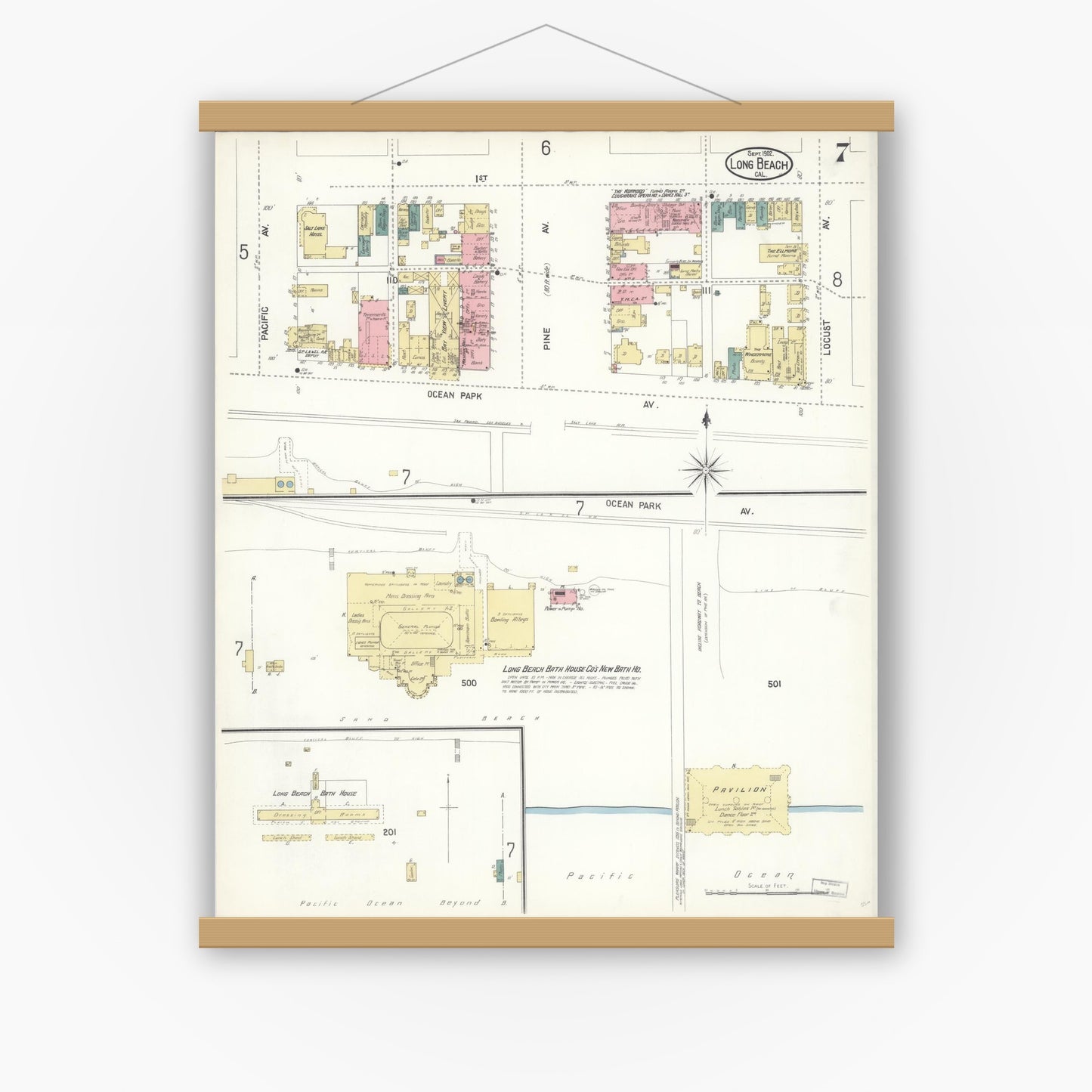 Old map wall art mockup — magnetic wood frame on white wall — Sanborn Fire Insurance Map from Long Beach, Los Angeles County, California (1902), Sheet #0007