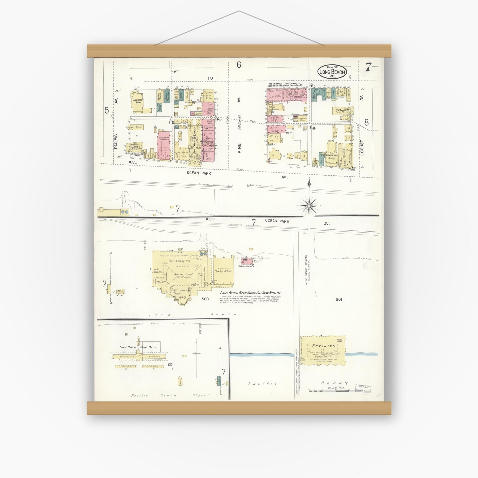 Old map wall art mockup — magnetic wood frame on white wall — Sanborn Fire Insurance Map from Long Beach, Los Angeles County, California (1902), Sheet #0007