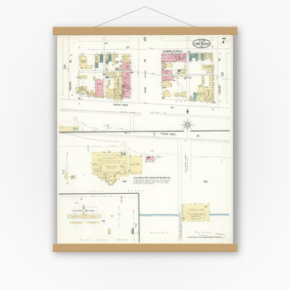 Old map wall art mockup — magnetic wood frame on white wall — Sanborn Fire Insurance Map from Long Beach, Los Angeles County, California (1902), Sheet #0007