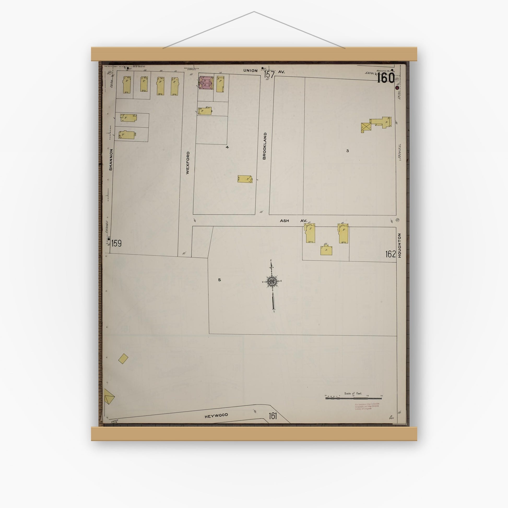 Old map wall art mockup — magnetic wood frame on white wall — Sanborn Fire Insurance Map from Worcester, Worcester County, Massachusetts (1910), Sheet #0160