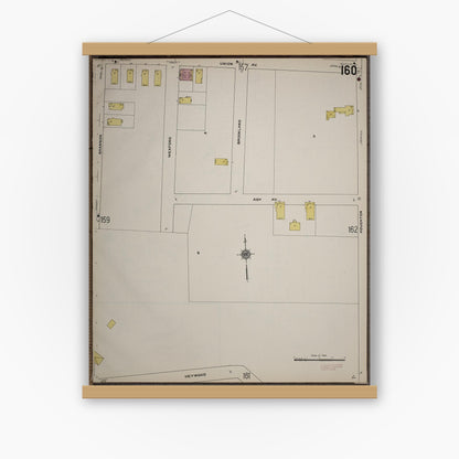 Old map wall art mockup — magnetic wood frame on white wall — Sanborn Fire Insurance Map from Worcester, Worcester County, Massachusetts (1910), Sheet #0160