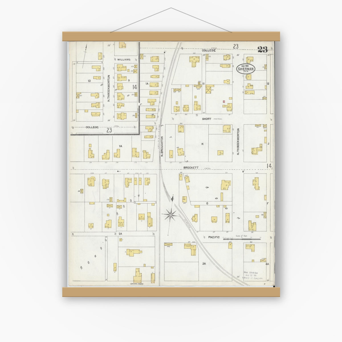 Old map wall art mockup — magnetic wood frame on white wall — Sanborn Fire Insurance Map from Sherman, Grayson County, Texas (1902), Sheet #0023
