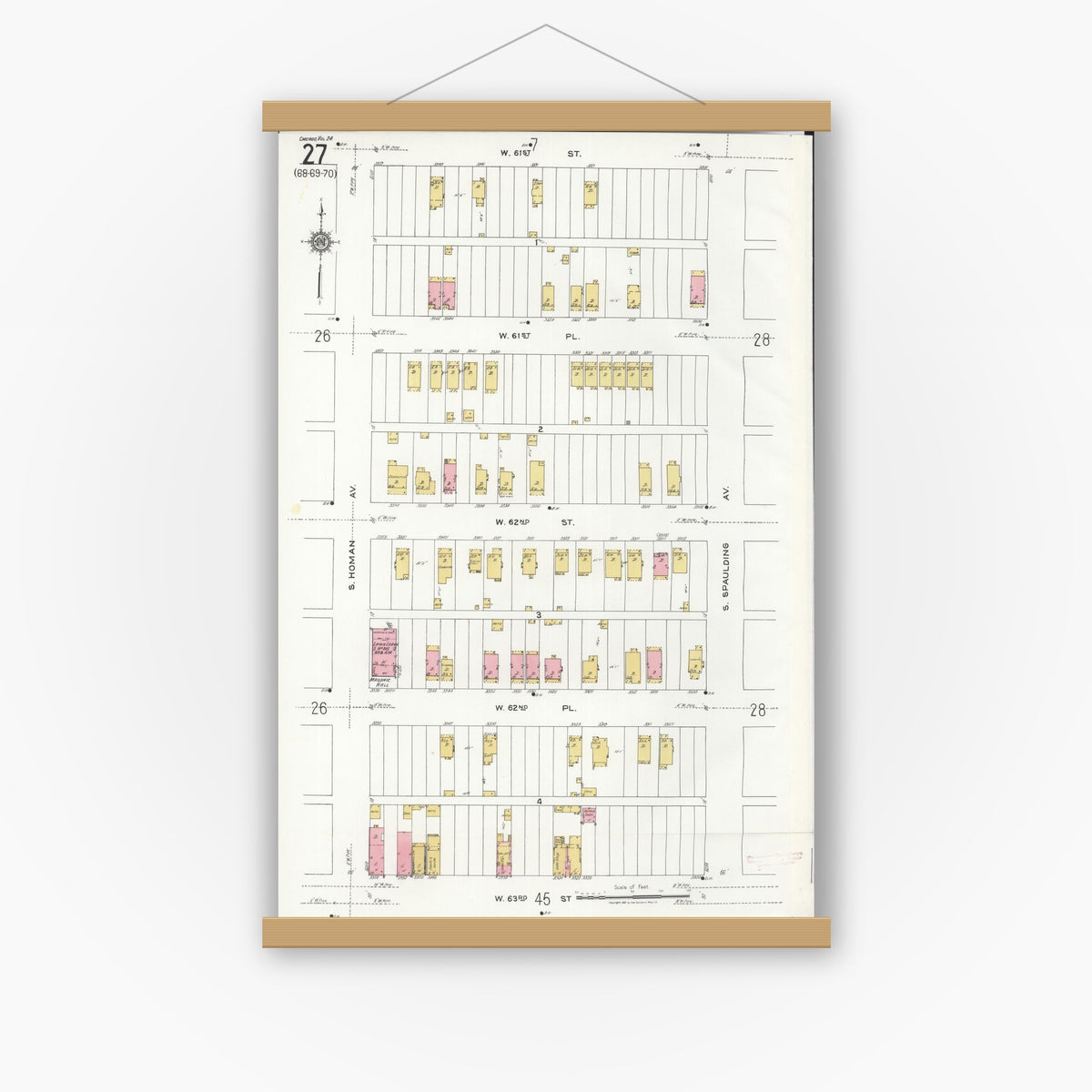 Old map wall art mockup — magnetic wood frame on white wall — Sanborn Fire Insurance Map from Chicago, Cook County, Illinois (1920), Sheet #0027