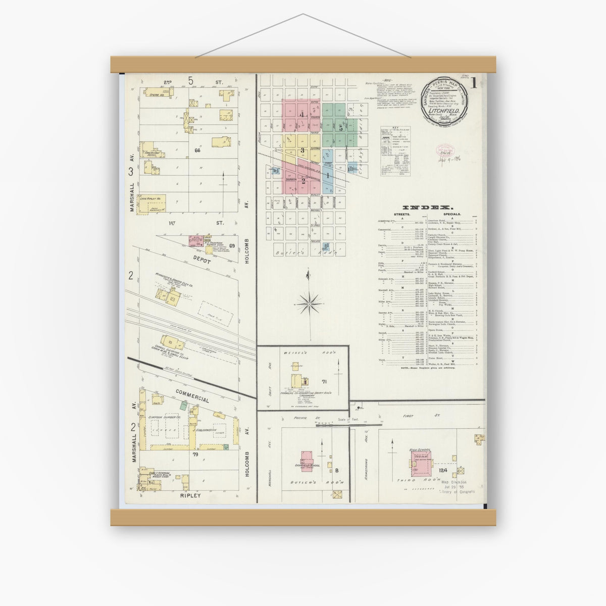 Old map wall art mockup — magnetic wood frame on white wall — Sanborn Fire Insurance Map from Litchfield, Meeker County, Minnesota (1896), Sheet #0001