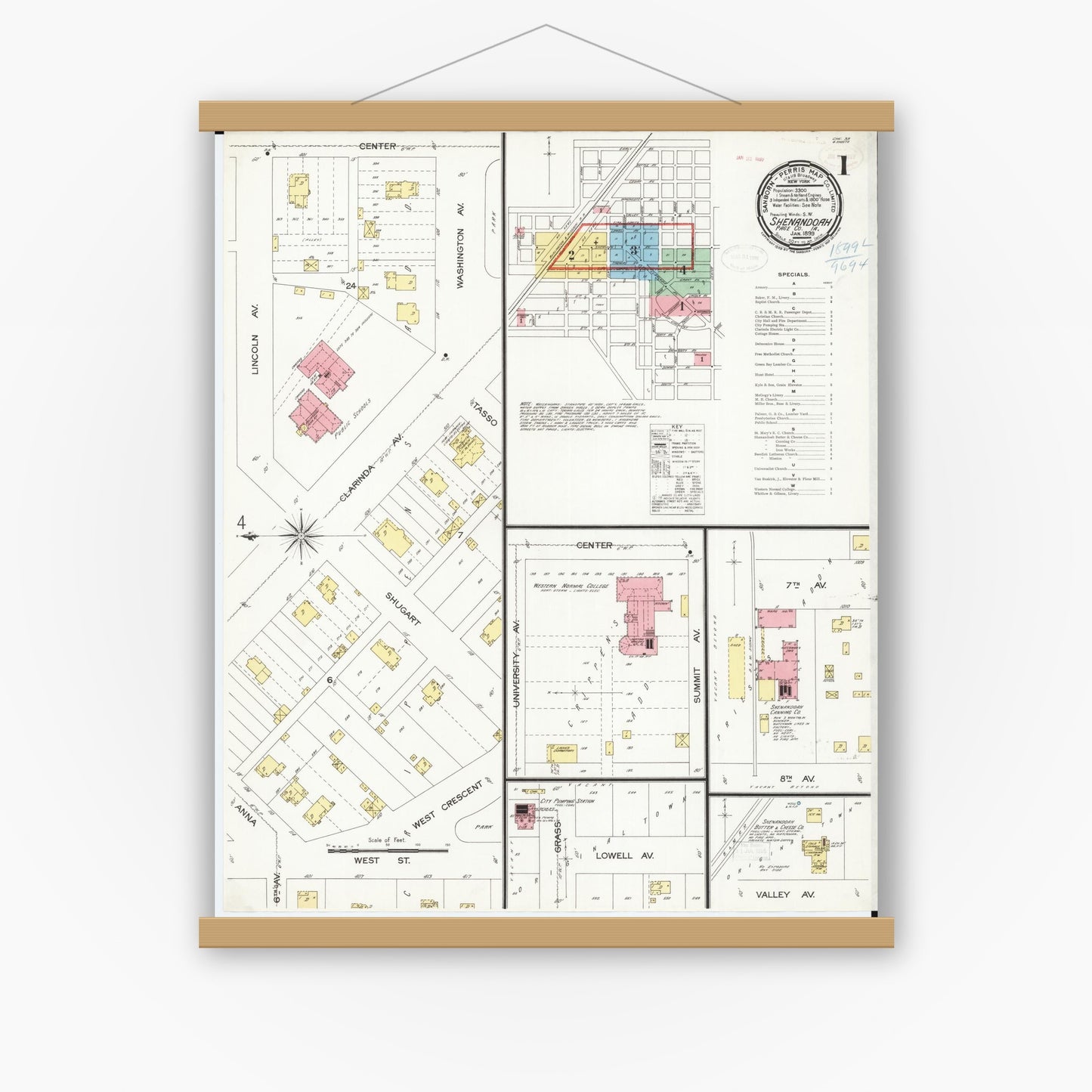 Old map wall art mockup — magnetic wood frame on white wall — Sanborn Fire Insurance Map from Shenandoah, Page County, Iowa (1899) â€” Complete Set