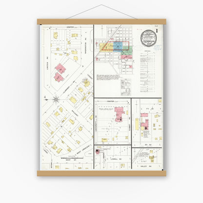 Old map wall art mockup — magnetic wood frame on white wall — Sanborn Fire Insurance Map from Shenandoah, Page County, Iowa (1899) â€” Complete Set