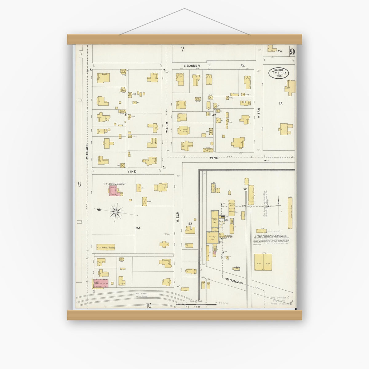 Old map wall art mockup — magnetic wood frame on white wall — Sanborn Fire Insurance Map from Tyler, Smith County, Texas (1898), Sheet #0009