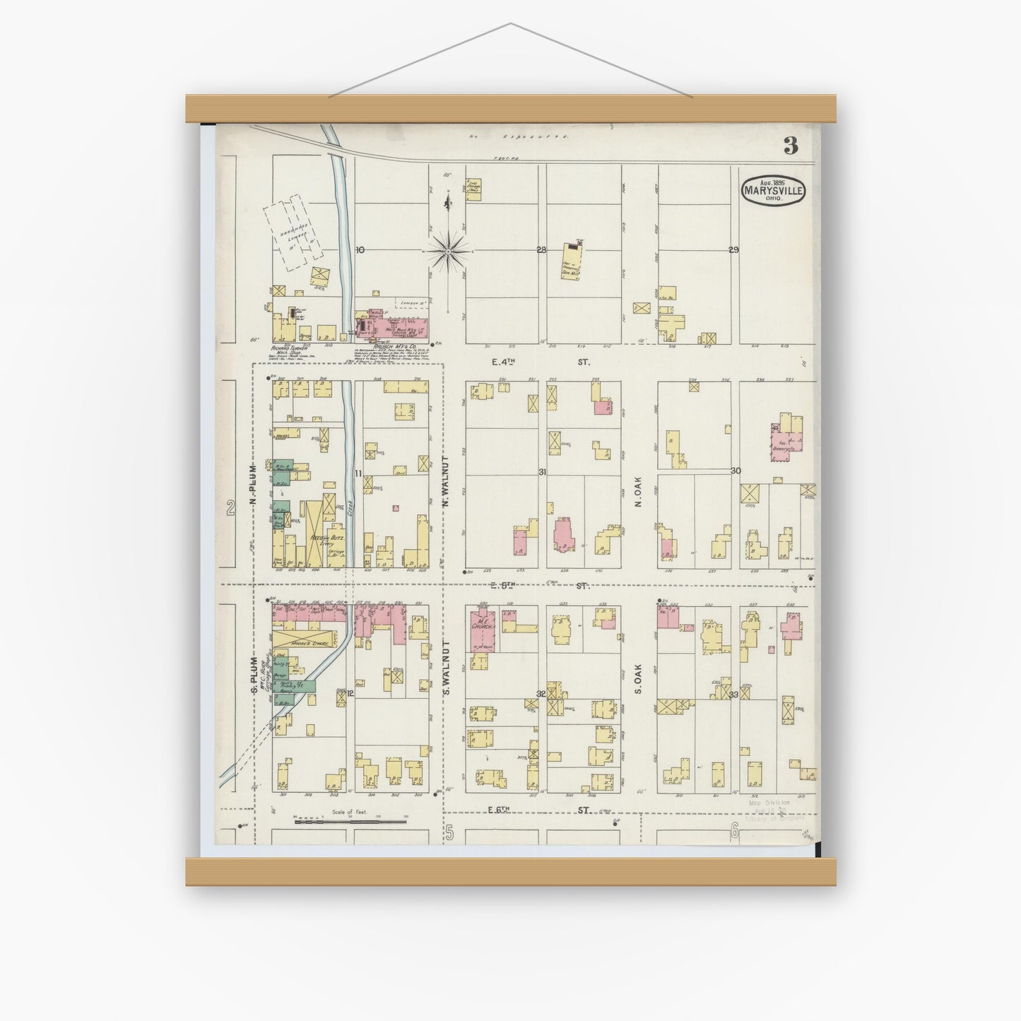 Old map wall art mockup — magnetic wood frame on white wall — Sanborn Fire Insurance Map from Marysville, Union County, Ohio (1895), Sheet #0003