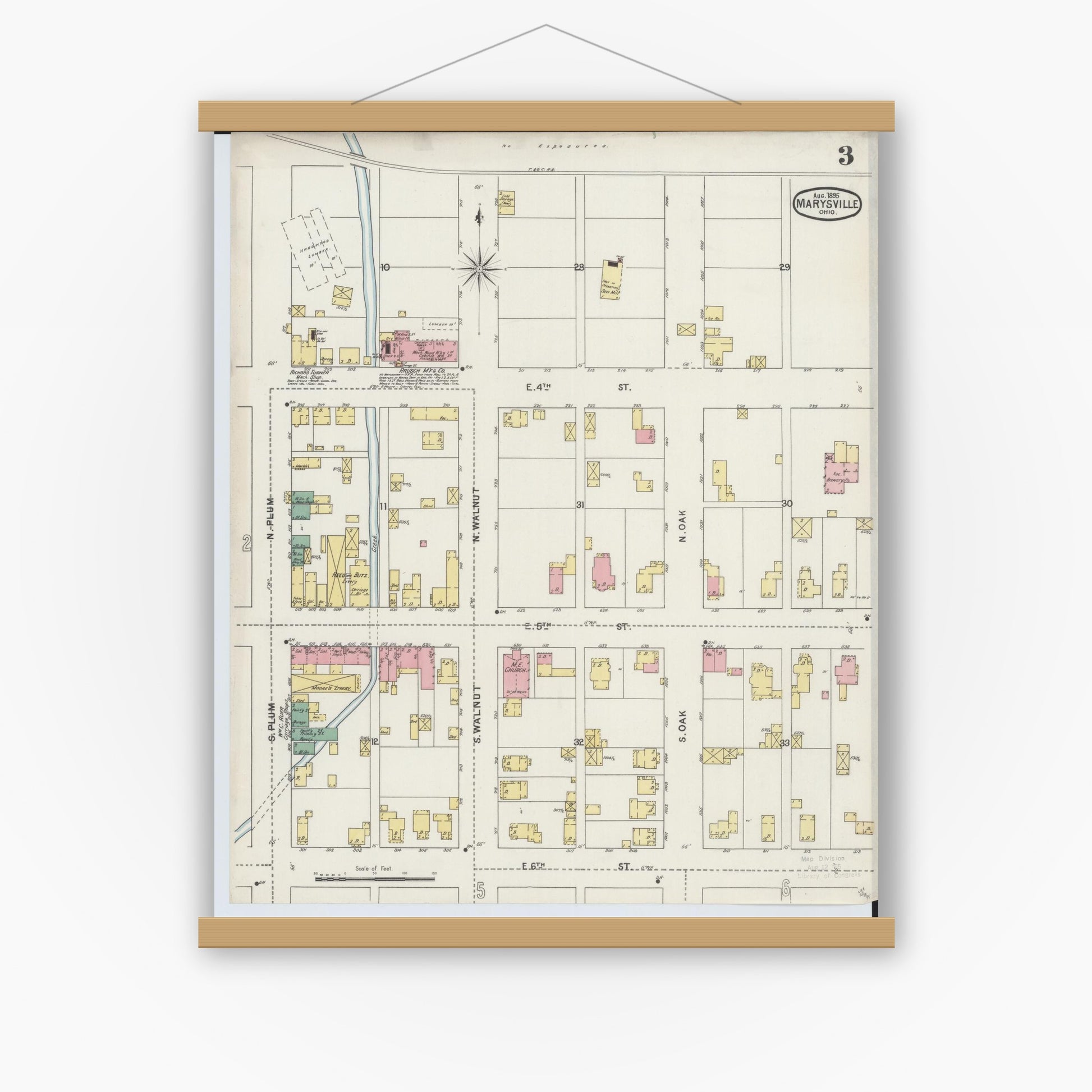 Old map wall art mockup — magnetic wood frame on white wall — Sanborn Fire Insurance Map from Marysville, Union County, Ohio (1895), Sheet #0003