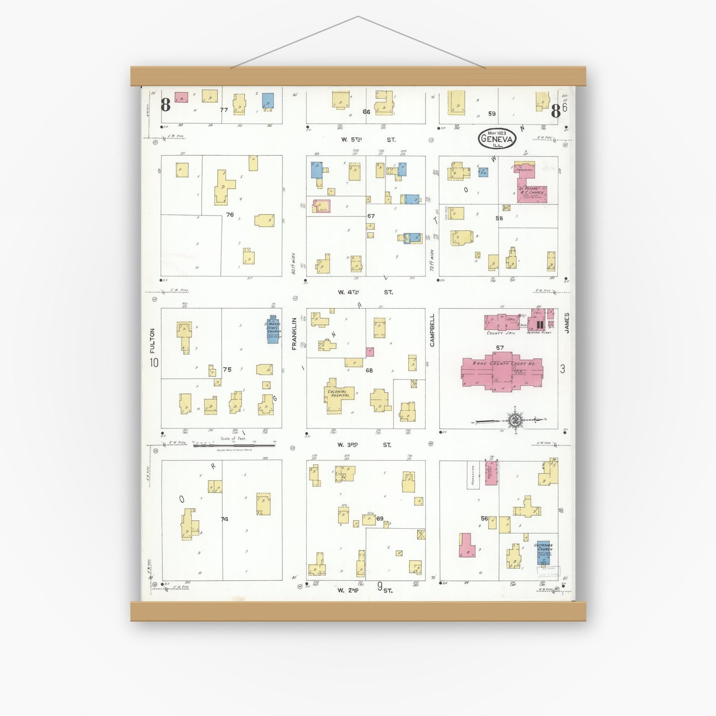 Old map wall art mockup — magnetic wood frame on white wall — Sanborn Fire Insurance Map from Geneva, Kane County, Illinois (1923), Sheet #0008