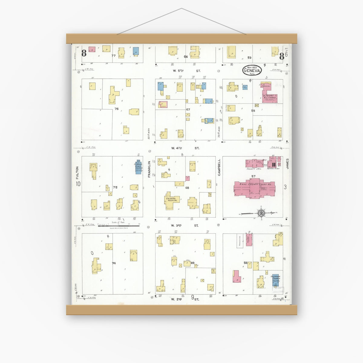 Old map wall art mockup — magnetic wood frame on white wall — Sanborn Fire Insurance Map from Geneva, Kane County, Illinois (1923), Sheet #0008