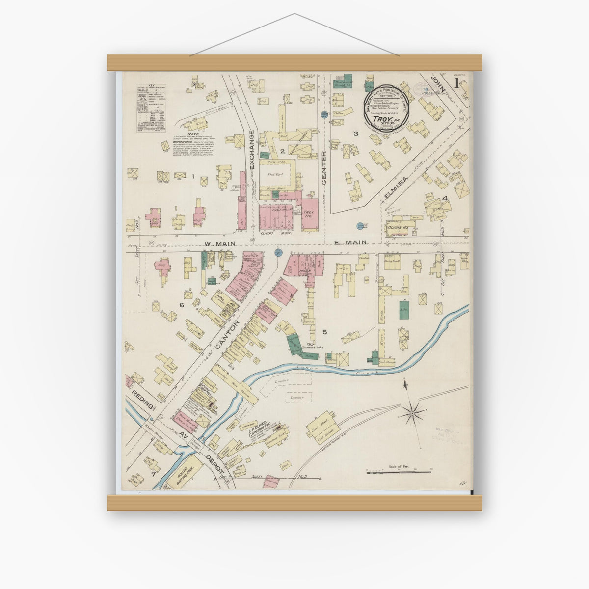 Old map wall art mockup — magnetic wood frame on white wall — Sanborn Fire Insurance Map from Troy, Bradford County, Pennsylvania (1885), Sheet #0001