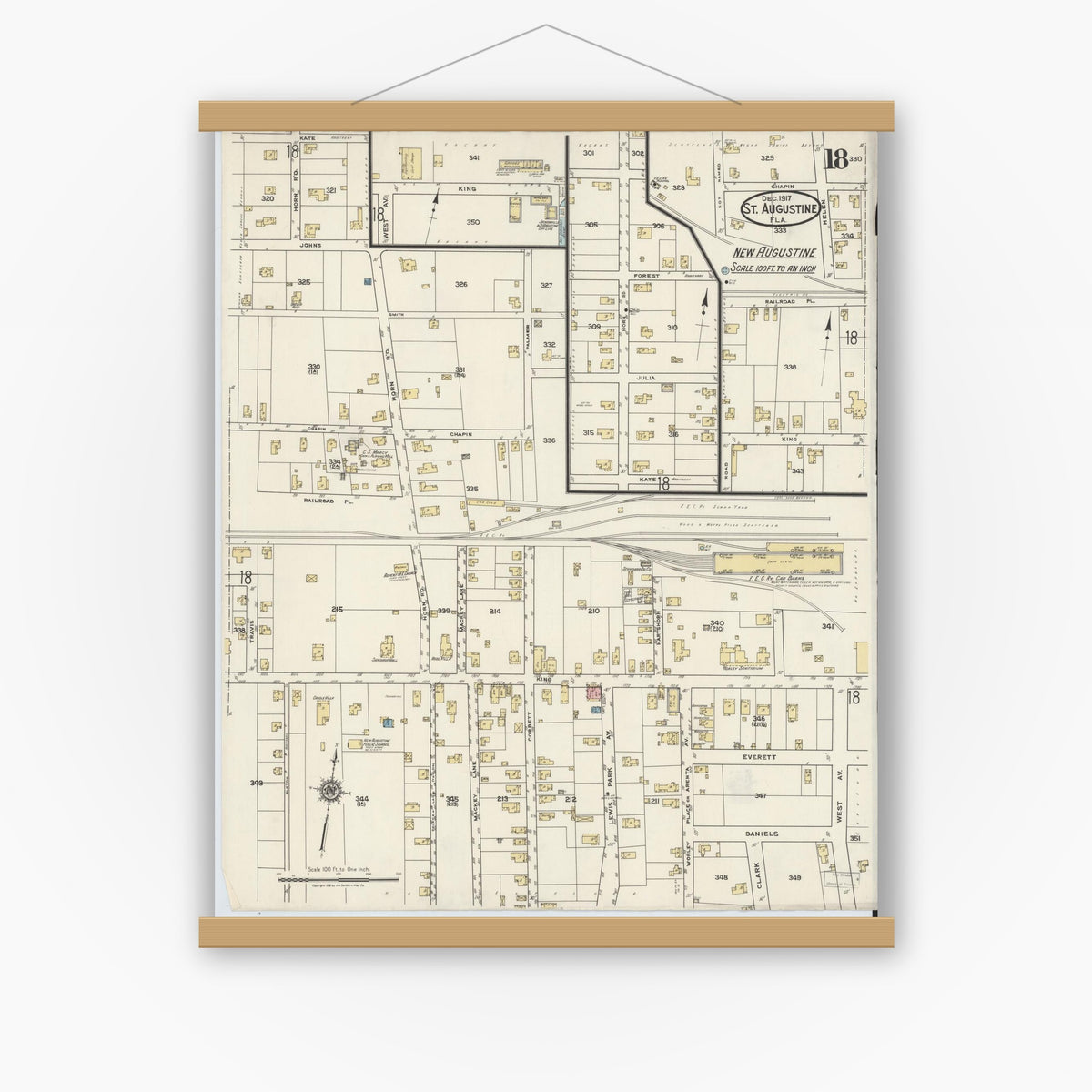 Old map wall art mockup — magnetic wood frame on white wall — Sanborn Fire Insurance Map from Saint Augustine, Saint John's County, Florida (1917), Sheet #0018