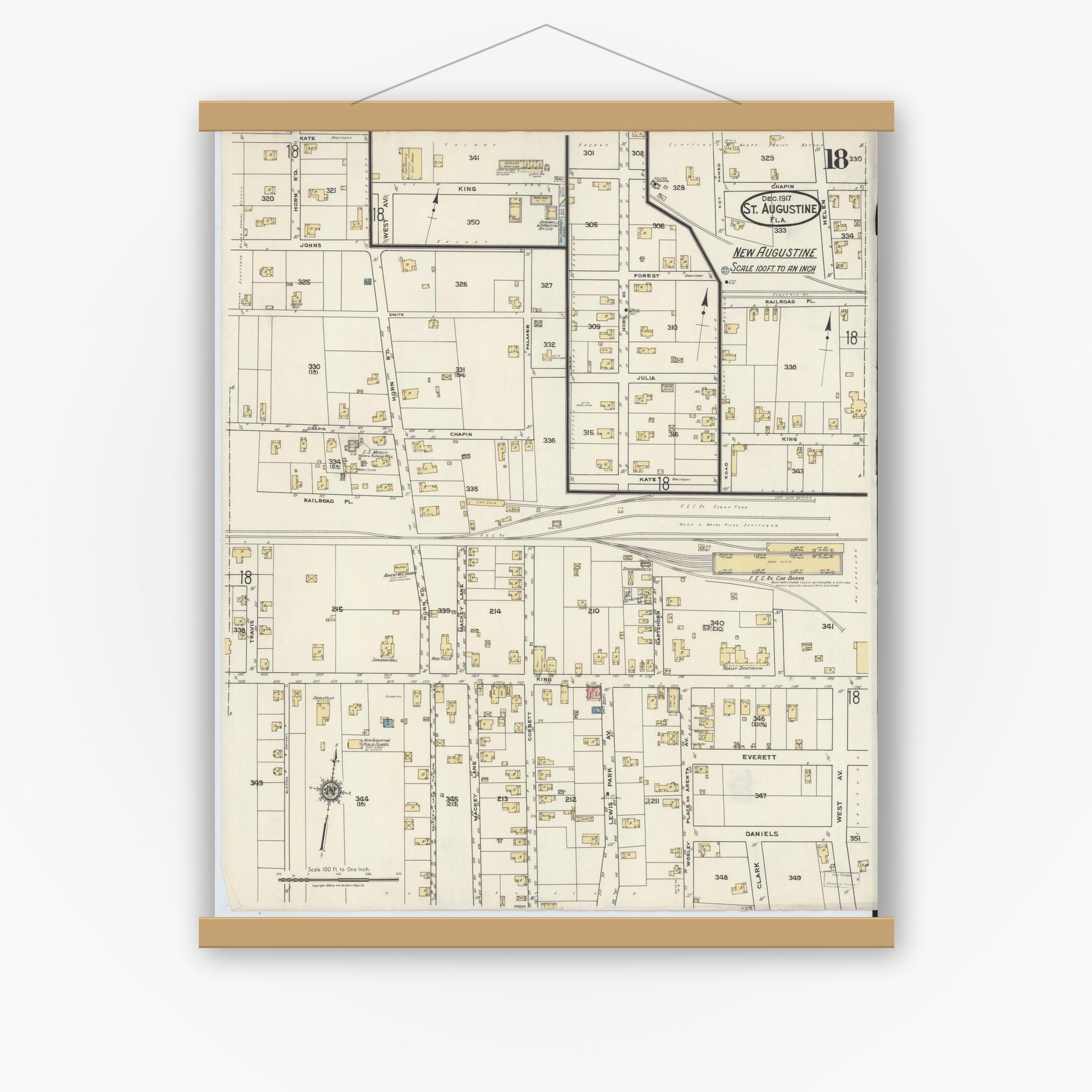 Old map wall art mockup — magnetic wood frame on white wall — Sanborn Fire Insurance Map from Saint Augustine, Saint John's County, Florida (1917), Sheet #0018