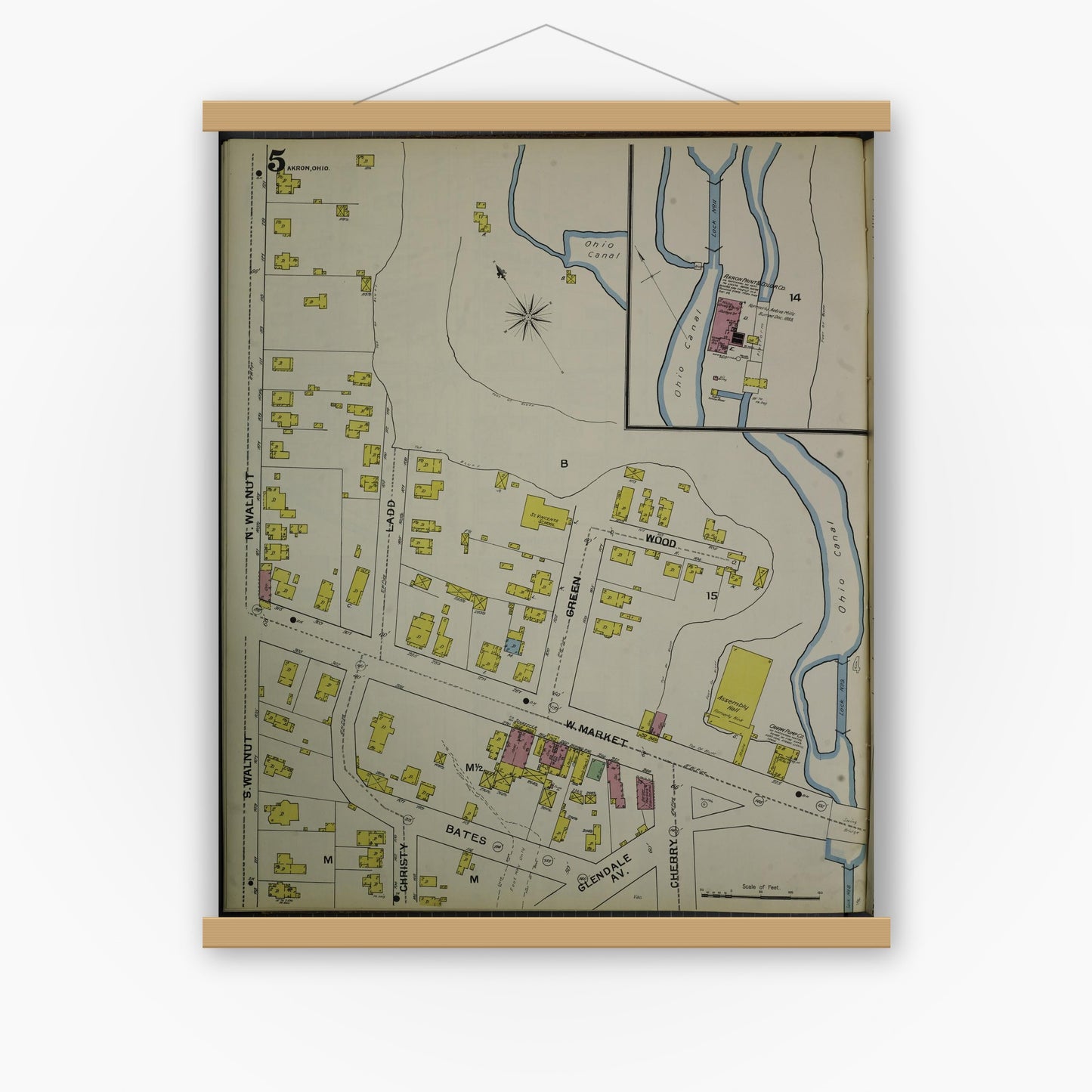Old map wall art mockup — magnetic wood frame on white wall — Sanborn Fire Insurance Map from Akron, Summit County, Ohio (1892), Sheet #0005