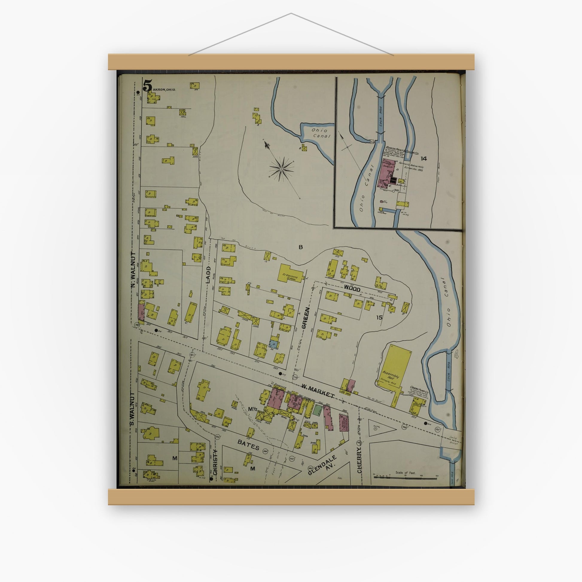 Old map wall art mockup — magnetic wood frame on white wall — Sanborn Fire Insurance Map from Akron, Summit County, Ohio (1892), Sheet #0005