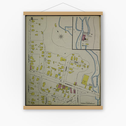 Old map wall art mockup — magnetic wood frame on white wall — Sanborn Fire Insurance Map from Akron, Summit County, Ohio (1892), Sheet #0005