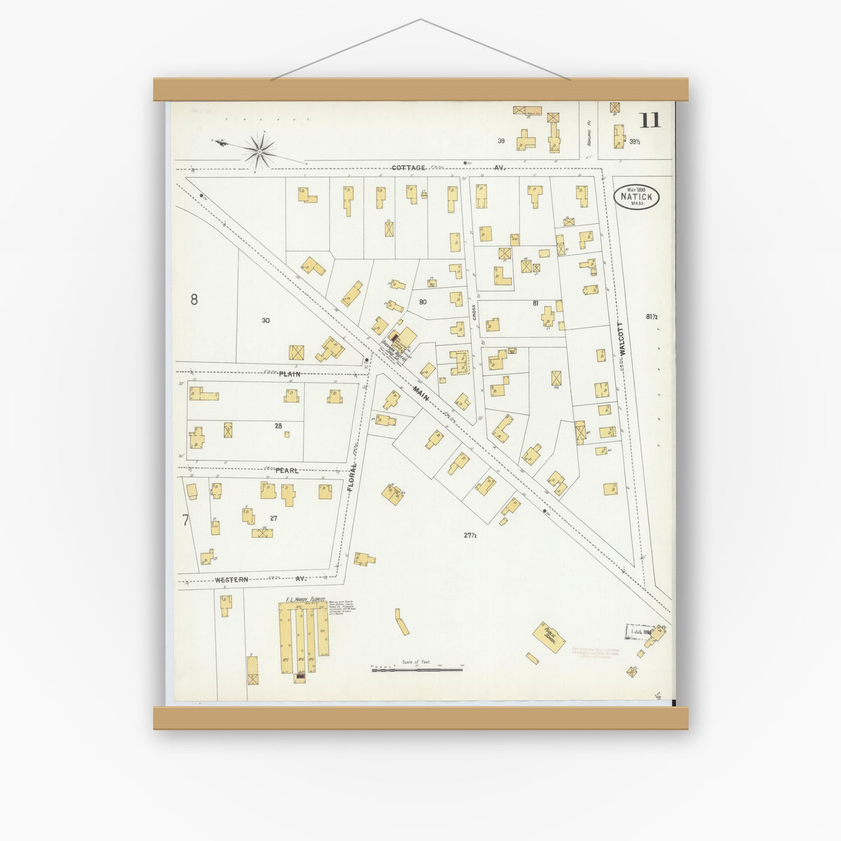 Old map wall art mockup — magnetic wood frame on white wall — Sanborn Fire Insurance Map from Natick, Middlesex County, Massachusetts (1899), Sheet #0011