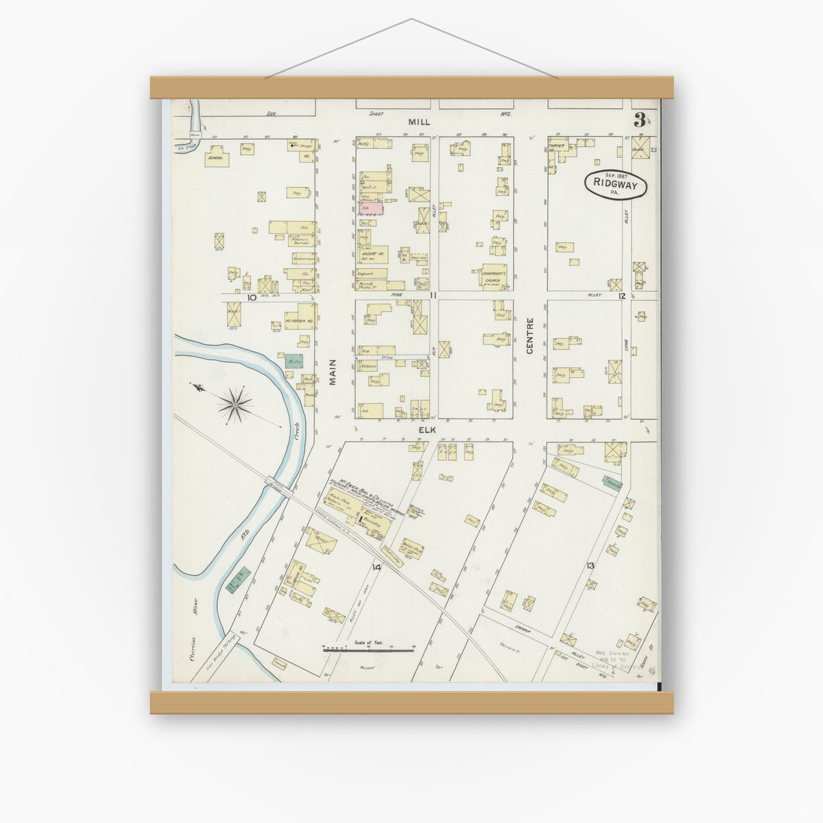 Old map wall art mockup — magnetic wood frame on white wall — Sanborn Fire Insurance Map from Ridgway, Elk County, Pennsylvania (1887), Sheet #0003