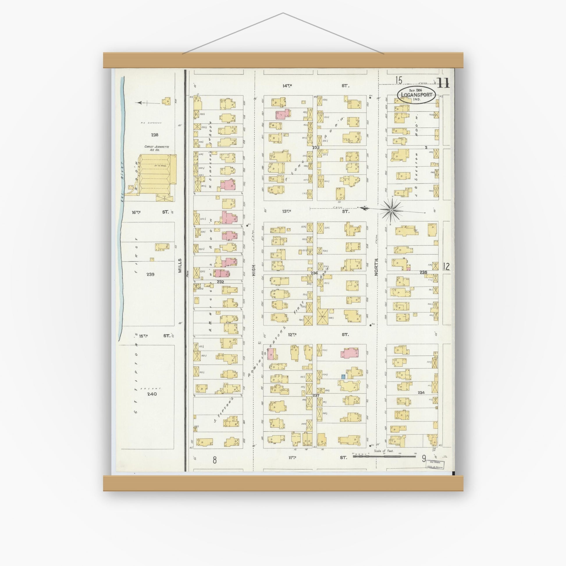 Old map wall art mockup — magnetic wood frame on white wall — Sanborn Fire Insurance Map from Logansport, Cass County, Indiana (1906), Sheet #0011