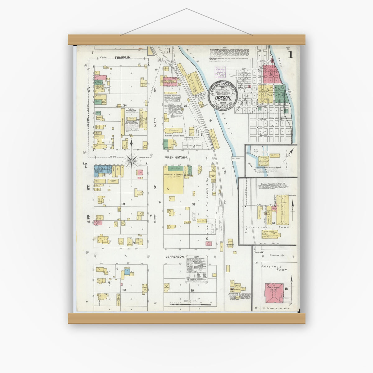 Old map wall art mockup — magnetic wood frame on white wall — Sanborn Fire Insurance Map from Oregon, Ogle County, Illinois (1905) - Complete Map Set