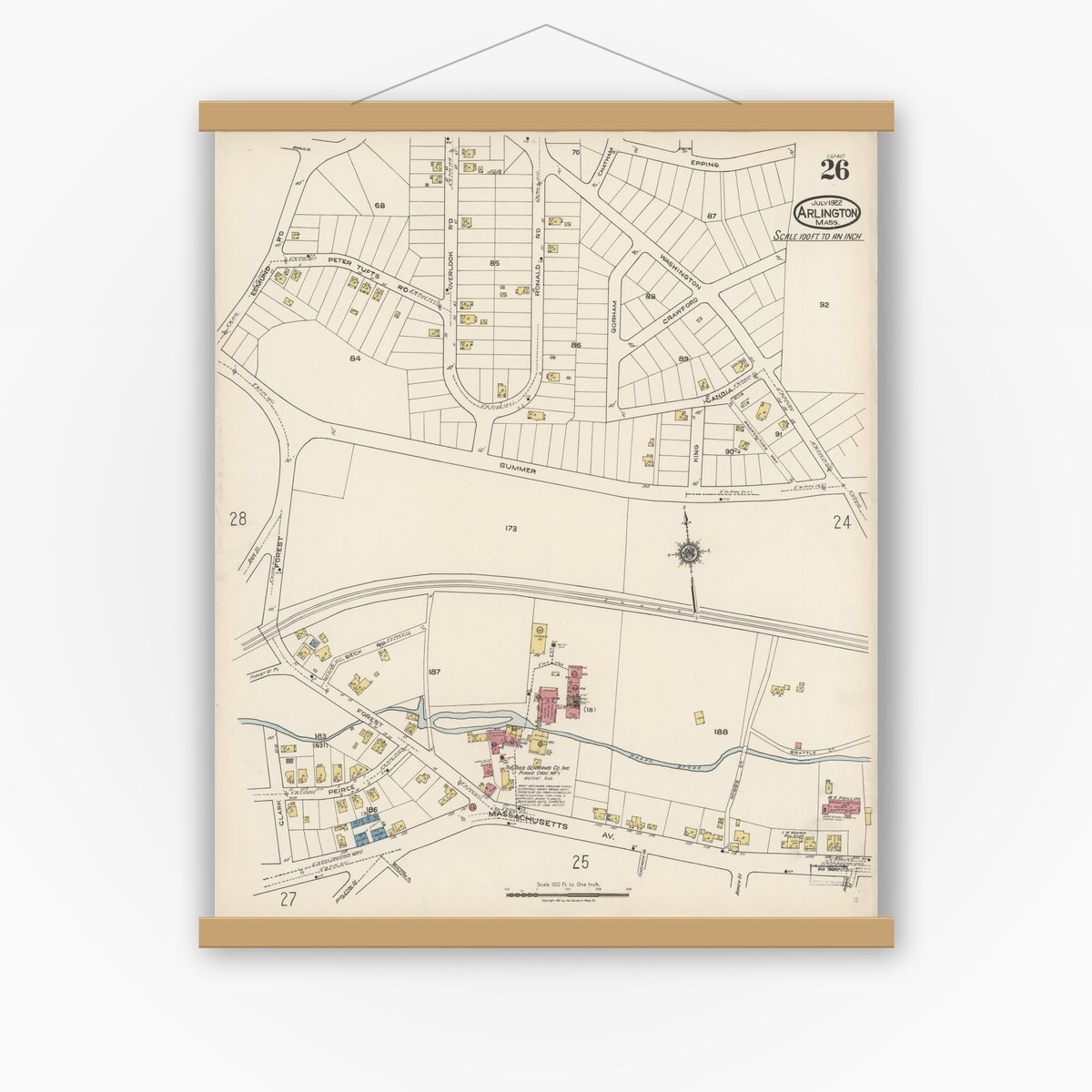 Old map wall art mockup — magnetic wood frame on white wall — Sanborn Fire Insurance Map from Arlington, Middlesex County, Massachusetts (1922), Sheet #0026