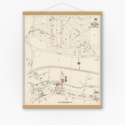 Old map wall art mockup — magnetic wood frame on white wall — Sanborn Fire Insurance Map from Arlington, Middlesex County, Massachusetts (1922), Sheet #0026