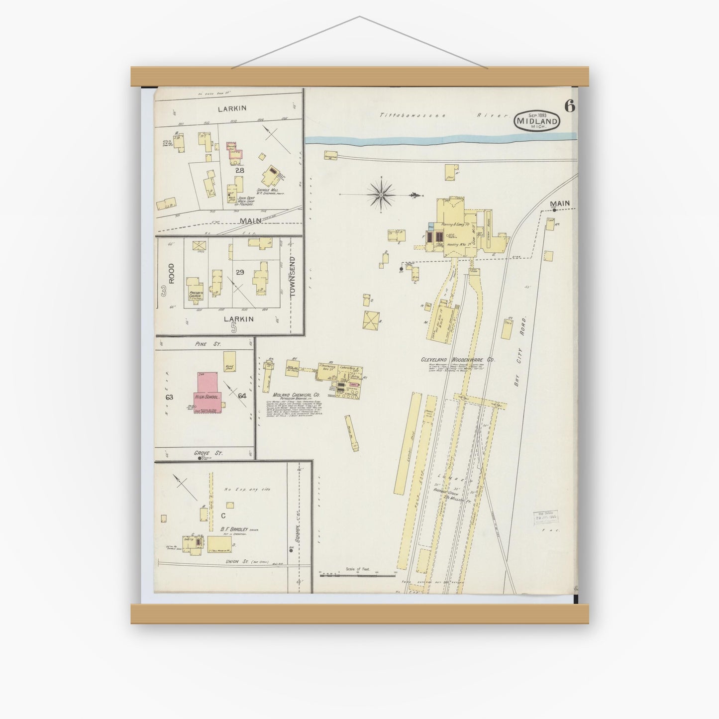 Old map wall art mockup — magnetic wood frame on white wall — Sanborn Fire Insurance Map from Midland, Midland County, Michigan (1893), Sheet #0006