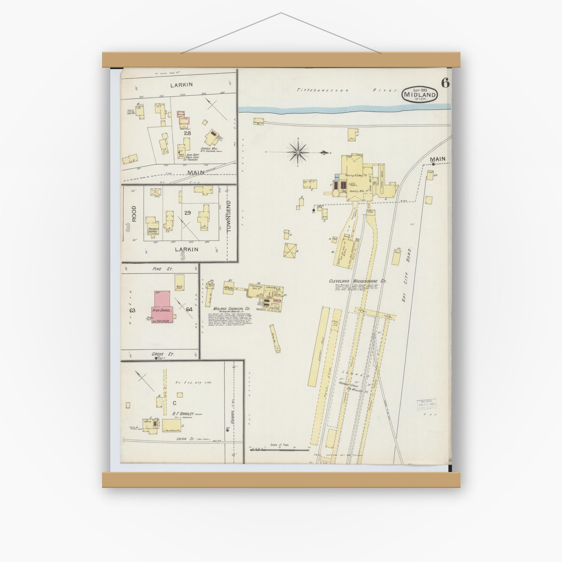 Old map wall art mockup — magnetic wood frame on white wall — Sanborn Fire Insurance Map from Midland, Midland County, Michigan (1893), Sheet #0006