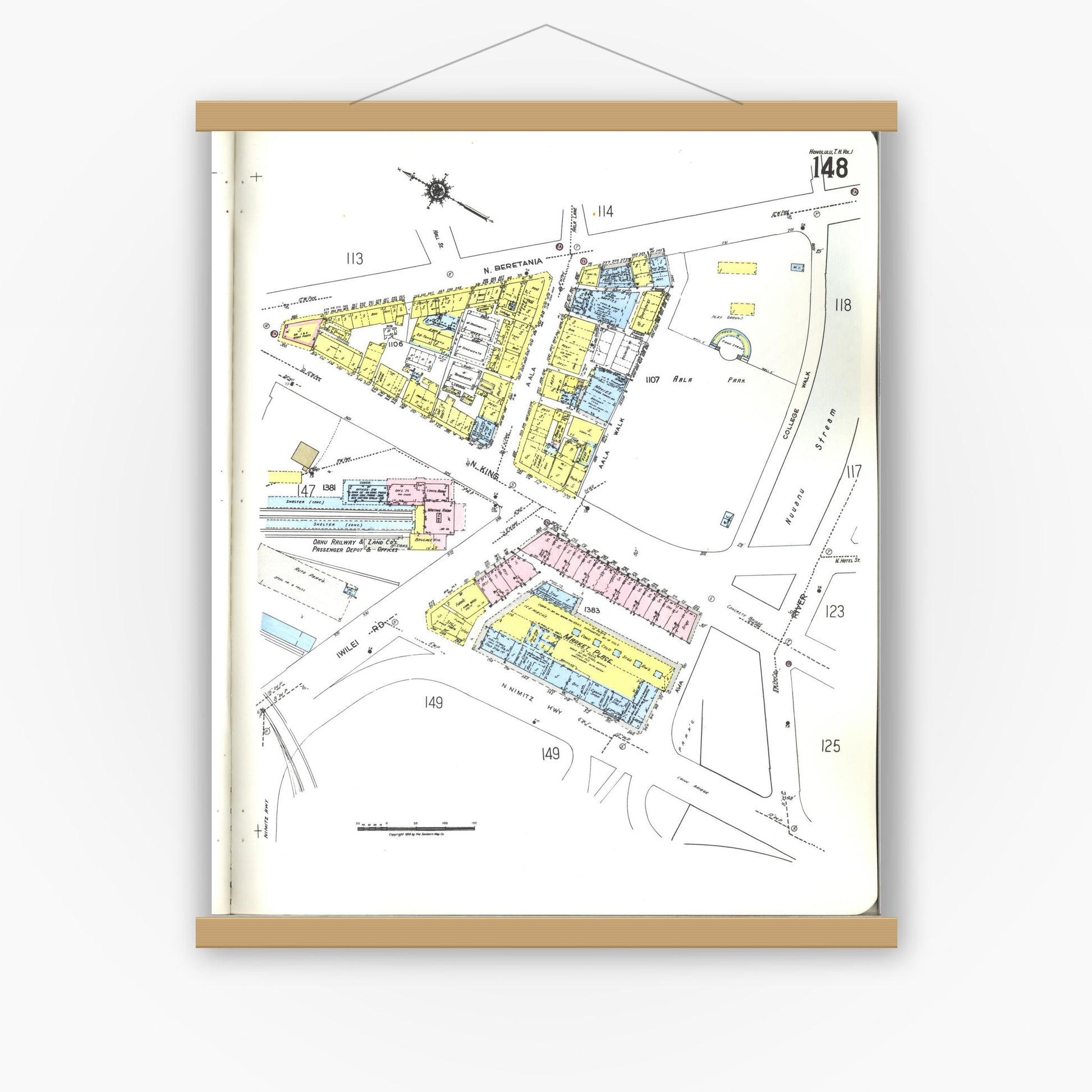 Old map wall art mockup — magnetic wood frame on white wall — Sanborn Fire Insurance Map from Honolulu, Oahu County, Hawaii (1955), Sheet #0148