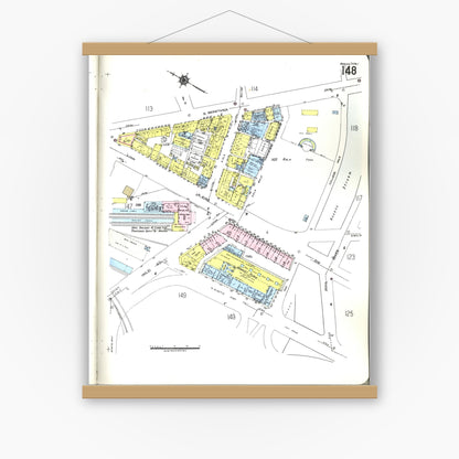 Old map wall art mockup — magnetic wood frame on white wall — Sanborn Fire Insurance Map from Honolulu, Oahu County, Hawaii (1955), Sheet #0148