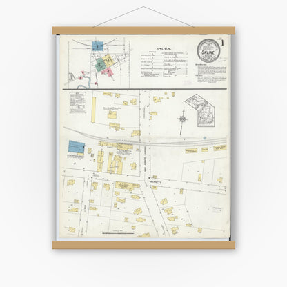 Old map wall art mockup — magnetic wood frame on white wall — Sanborn Fire Insurance Map from Saline, Washtenaw County, Michigan (1912) - Complete Map Set