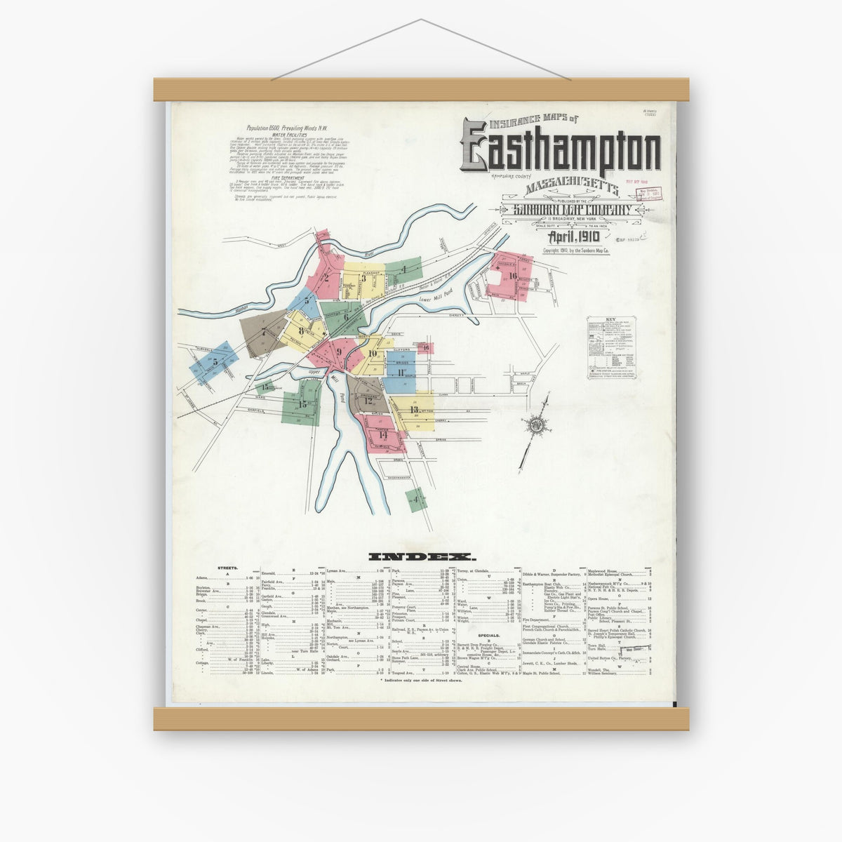 Old map wall art mockup — magnetic wood frame on white wall — Sanborn Fire Insurance Map from East Hampton, Hampshire County, Massachusetts (1910), Sheet #0001