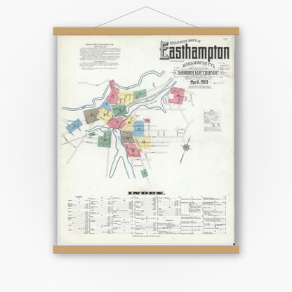 Old map wall art mockup — magnetic wood frame on white wall — Sanborn Fire Insurance Map from East Hampton, Hampshire County, Massachusetts (1910), Sheet #0001