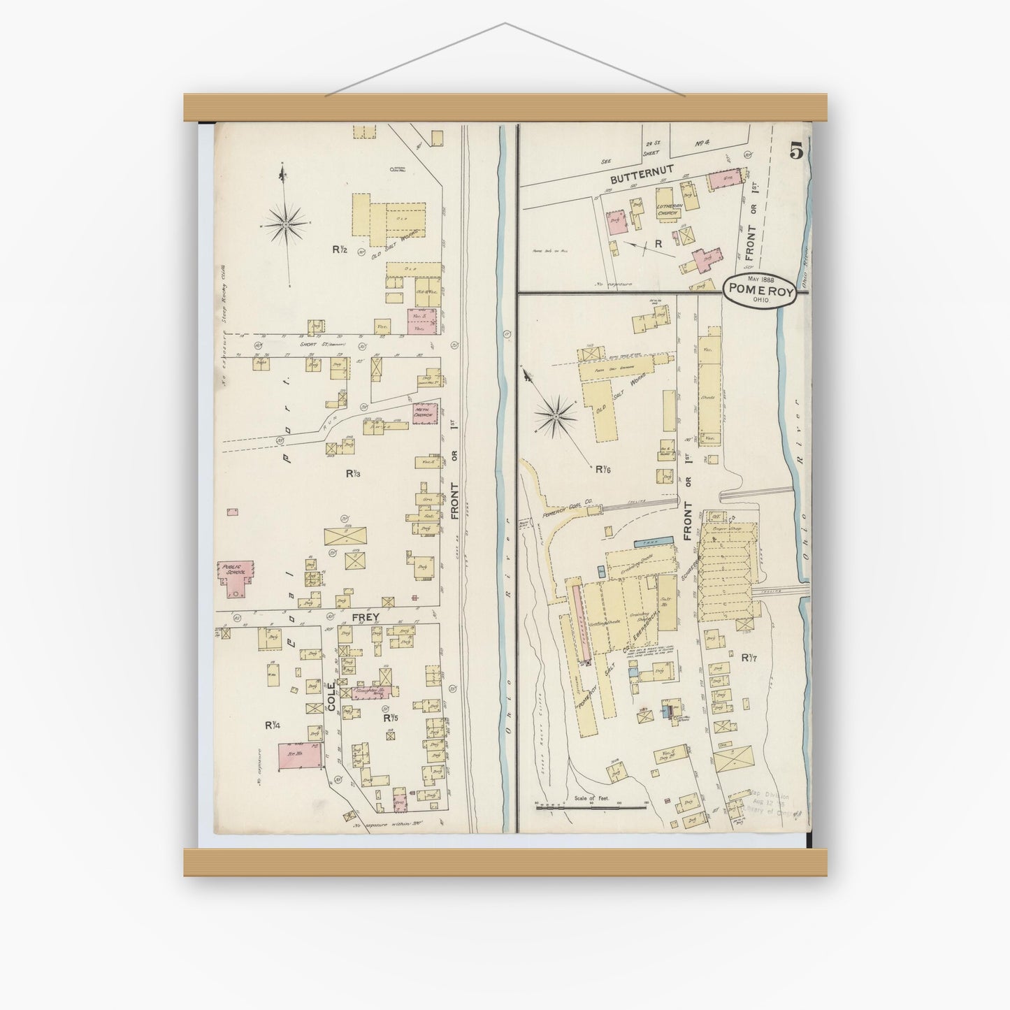 Old map wall art mockup — magnetic wood frame on white wall — Sanborn Fire Insurance Map from Pomeroy, Meigs County, Ohio (1888), Sheet #0005