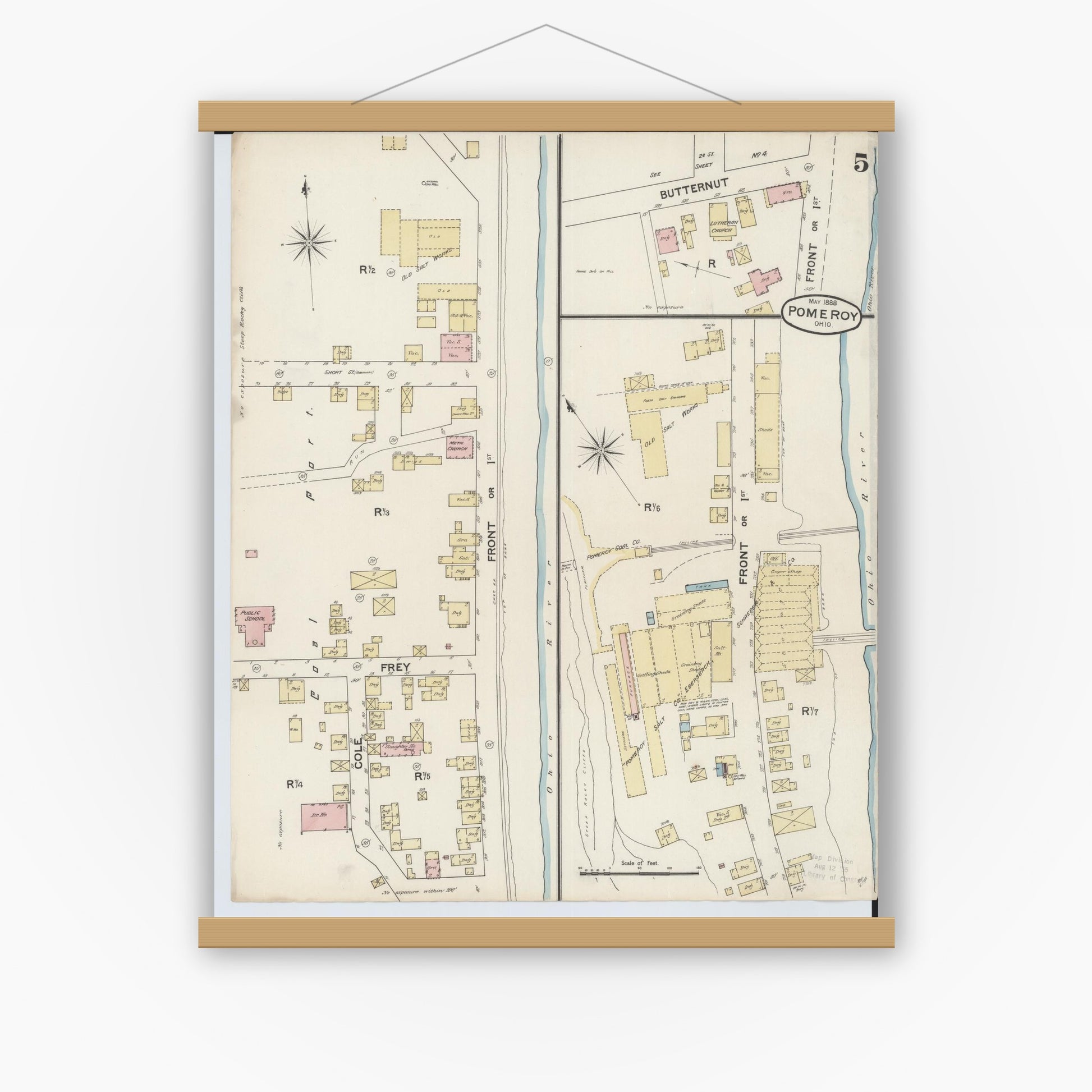 Old map wall art mockup — magnetic wood frame on white wall — Sanborn Fire Insurance Map from Pomeroy, Meigs County, Ohio (1888), Sheet #0005