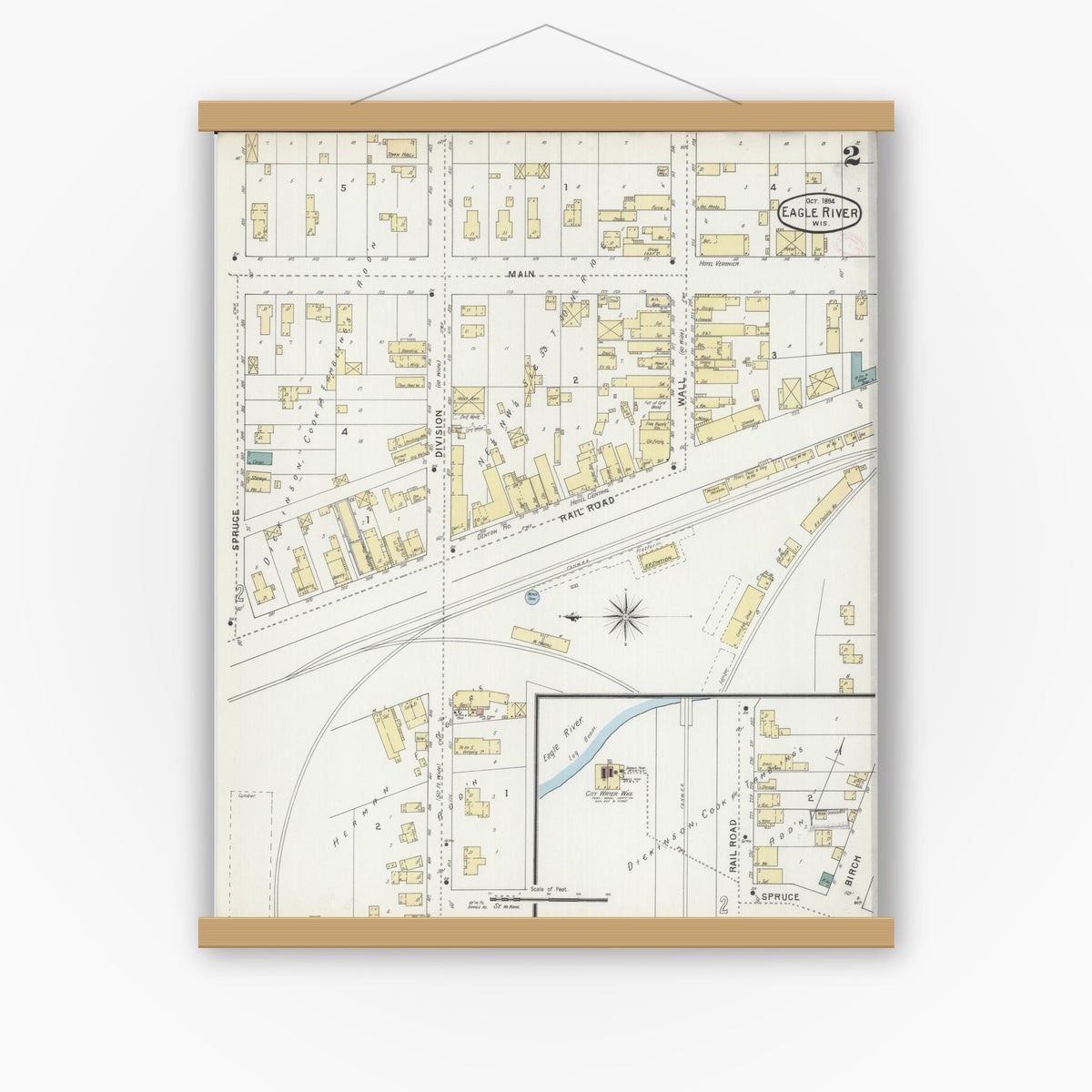 Old map wall art mockup — magnetic wood frame on white wall — Sanborn Fire Insurance Map from Eagle River, Vilas County, Wisconsin (1894), Sheet #0002