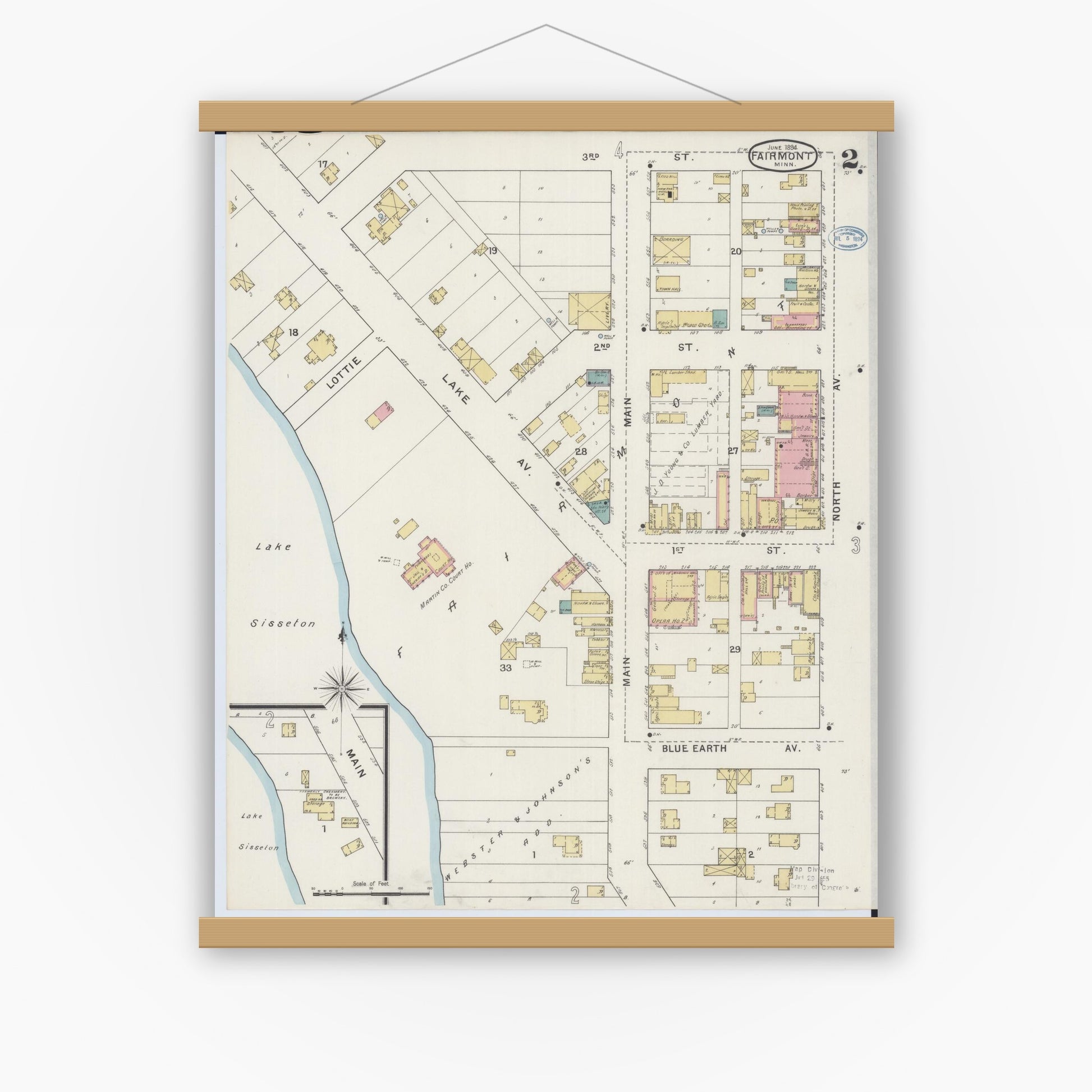 Old map wall art mockup — magnetic wood frame on white wall — Sanborn Fire Insurance Map from Fairmont, Martin County, Minnesota (1894), Sheet #0002