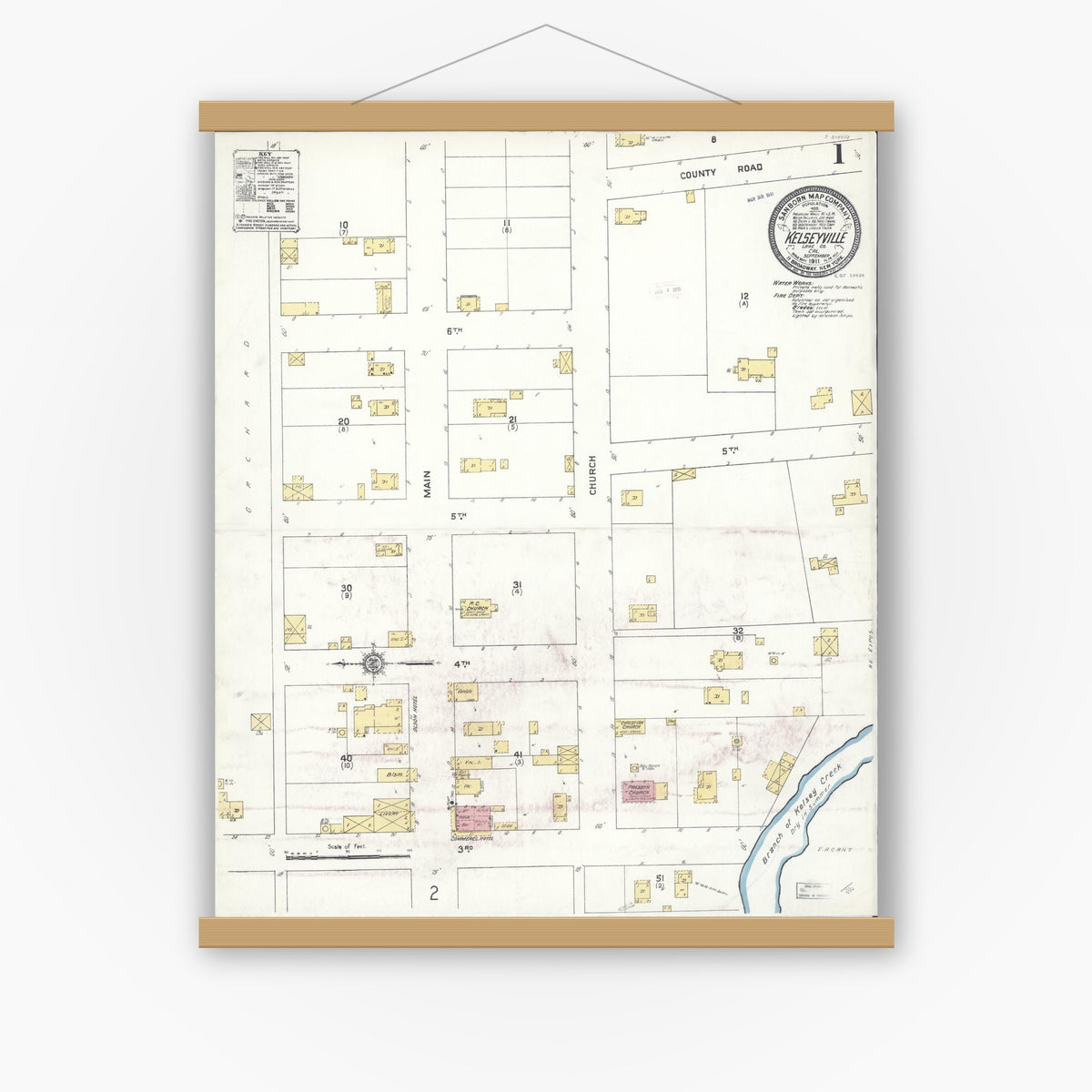 Old map wall art mockup — magnetic wood frame on white wall — Sanborn Fire Insurance Map from Kelseyville, Lake County, California (1911), Sheet #0001