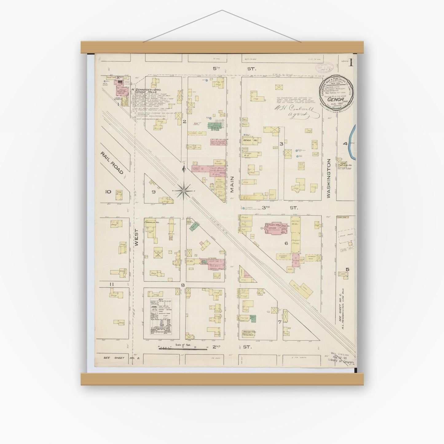 Old map wall art mockup — magnetic wood frame on white wall — Sanborn Fire Insurance Map from Genoa, Ottawa County, Ohio (1885) - Complete Map Set